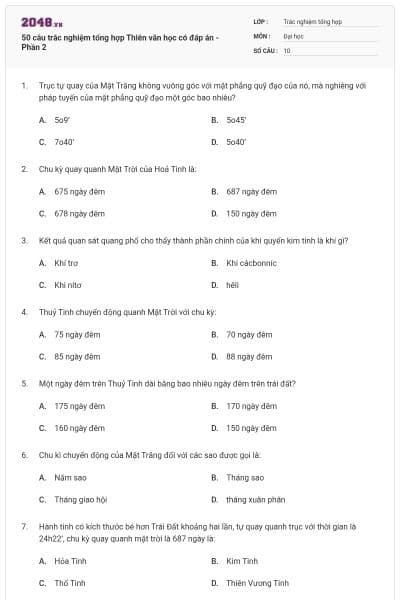 50 câu trắc nghiệm tổng hợp Thiên văn học có đáp án - Phần 2