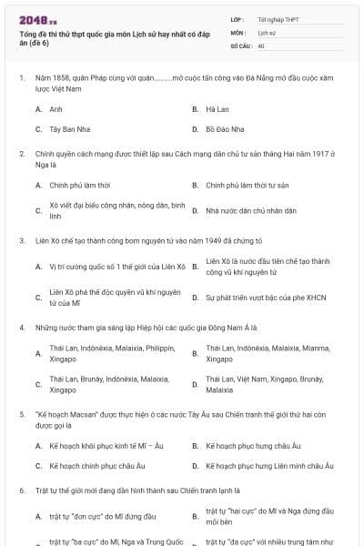Tổng đề thi thử thpt quốc gia môn Lịch sử hay nhất có đáp án (đề 6)