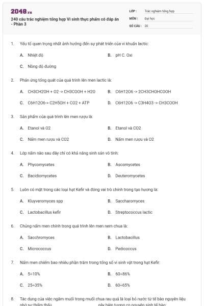 240 câu trắc nghiệm tổng hợp Vi sinh thực phẩm có đáp án - Phần 3
