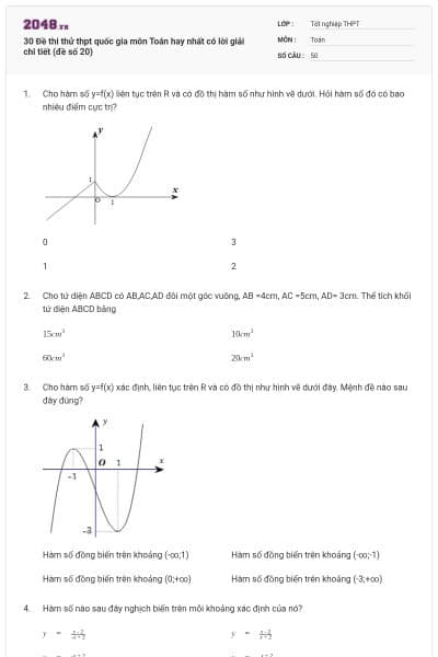 30 Đề thi thử thpt quốc gia môn Toán hay nhất có lời giải chi tiết (đề số 20)
