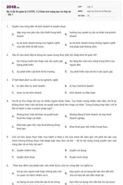 Bộ 4 đề thi giữa kì 2 KTPL 12 Chân trời sáng tạo có đáp án - Đề 1