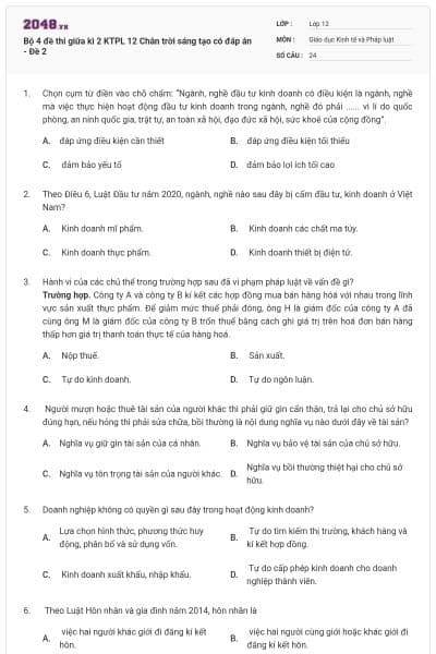 Bộ 4 đề thi giữa kì 2 KTPL 12 Chân trời sáng tạo có đáp án - Đề 2