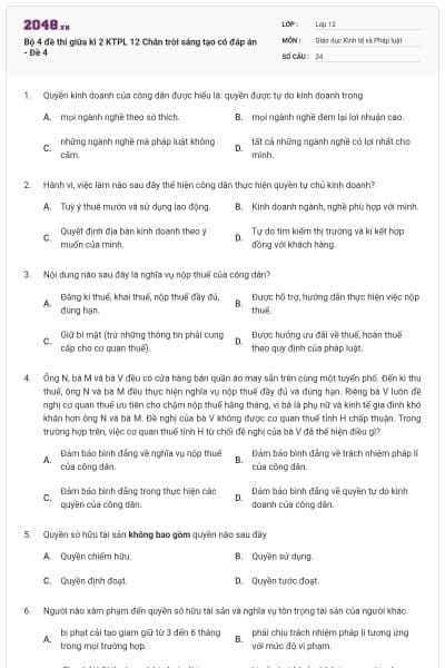 Bộ 4 đề thi giữa kì 2 KTPL 12 Chân trời sáng tạo có đáp án - Đề 4
