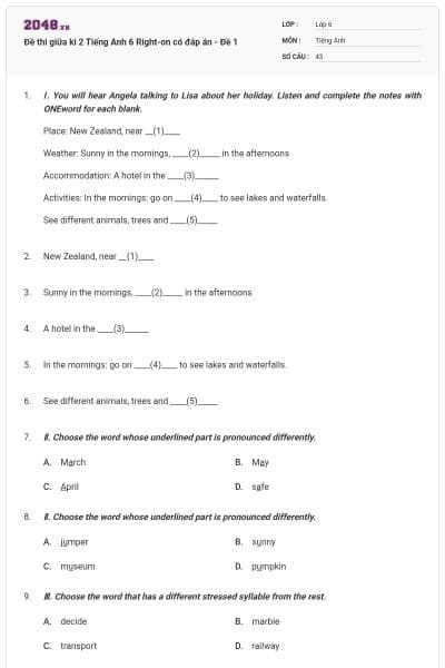 Đề thi giữa kì 2 Tiếng Anh 6 Right-on có đáp án - Đề 1