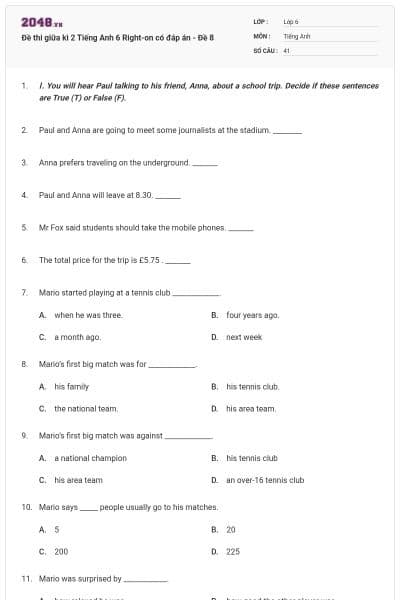 Đề thi giữa kì 2 Tiếng Anh 6 Right-on có đáp án - Đề 8