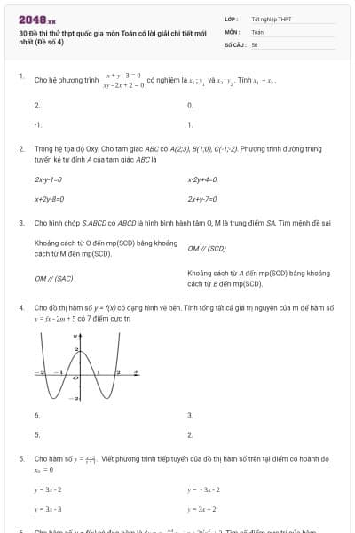 30 Đề thi thử thpt quốc gia môn Toán có lời giải chi tiết mới nhất (Đề số 4)