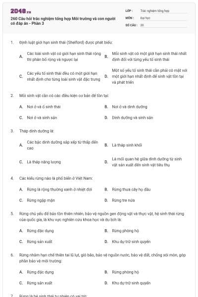 260 Câu hỏi trắc nghiệm tổng hợp Môi trường và con người có đáp án - Phần 3