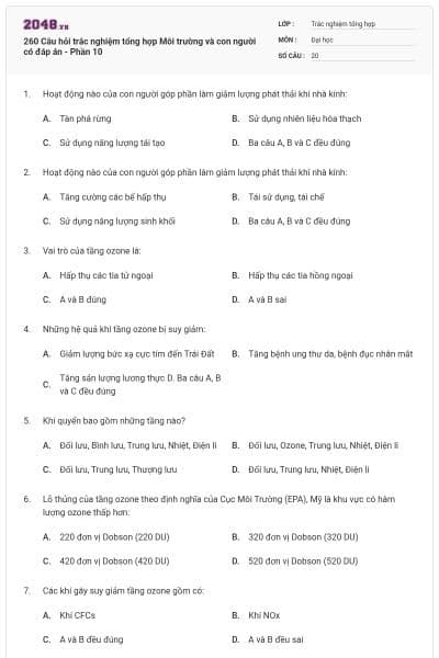 260 Câu hỏi trắc nghiệm tổng hợp Môi trường và con người có đáp án - Phần 10
