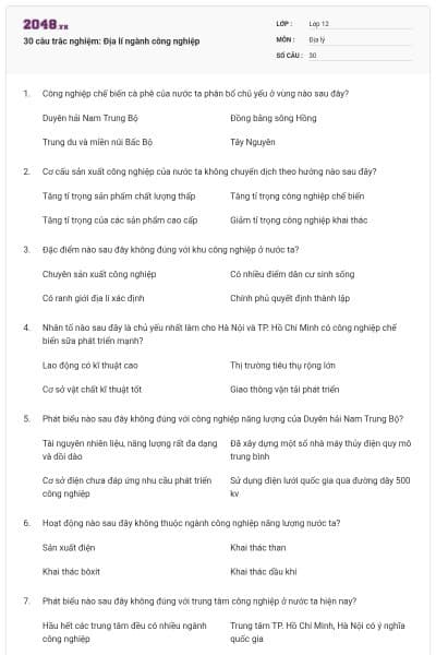 30 câu trắc nghiệm: Địa lí ngành công nghiệp