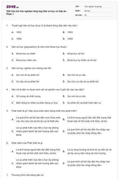 500 Câu hỏi trắc nghiệm tổng hợp Dân số học có đáp án - Phần 1