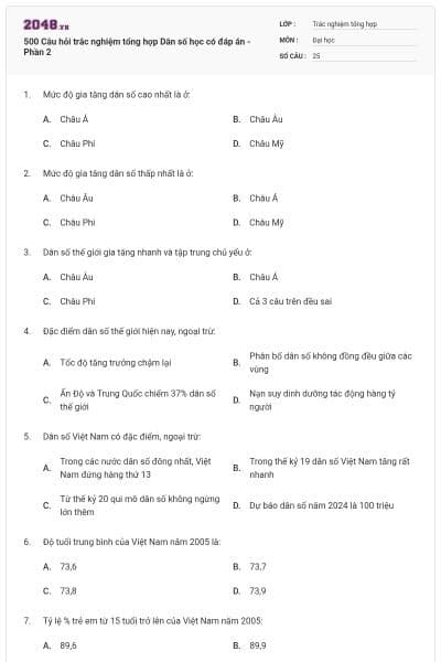 500 Câu hỏi trắc nghiệm tổng hợp Dân số học có đáp án - Phần 2