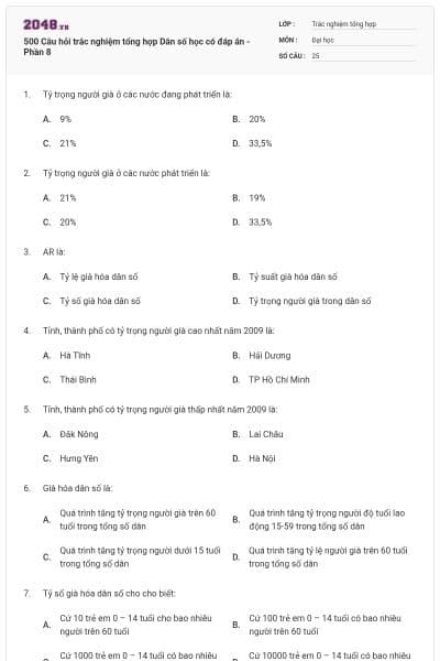 500 Câu hỏi trắc nghiệm tổng hợp Dân số học có đáp án - Phần 8