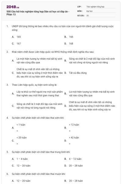 500 Câu hỏi trắc nghiệm tổng hợp Dân số học có đáp án - Phần 13