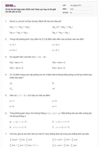 30 đề thi thử thpt năm 2020 môn Toán cực hay có lời giải chi tiết (đề số 22)