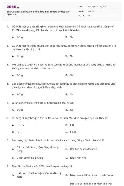 500 Câu hỏi trắc nghiệm tổng hợp Dân số học có đáp án - Phần 15