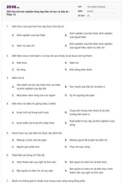 500 Câu hỏi trắc nghiệm tổng hợp Dân số học có đáp án - Phần 16
