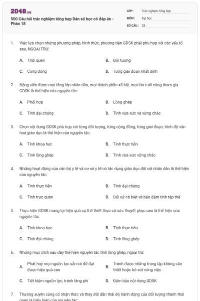 500 Câu hỏi trắc nghiệm tổng hợp Dân số học có đáp án - Phần 18