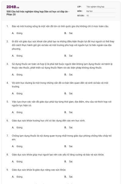 500 Câu hỏi trắc nghiệm tổng hợp Dân số học có đáp án - Phần 20