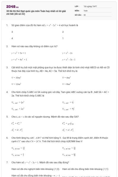 30 Đề thi thử thpt quốc gia môn Toán hay nhất có lời giải chi tiết (đề số 22)