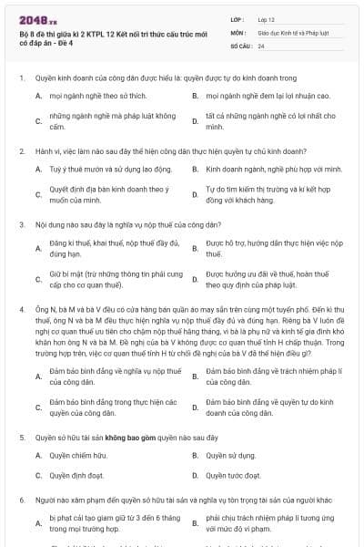 Bộ 8 đề thi giữa kì 2 KTPL 12 Kết nối tri thức cấu trúc mới có đáp án - Đề 4