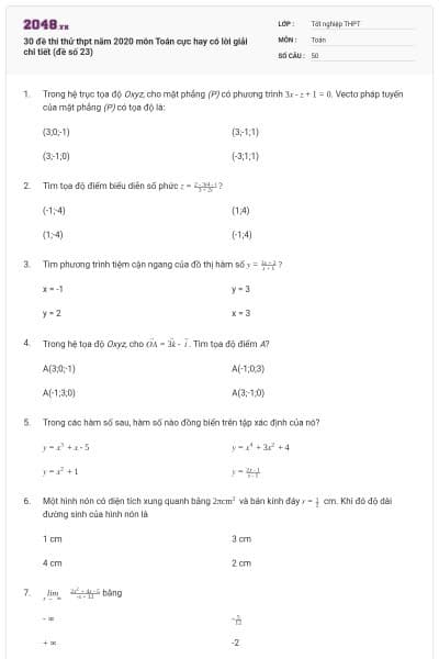 30 đề thi thử thpt năm 2020 môn Toán cực hay có lời giải chi tiết (đề số 23)