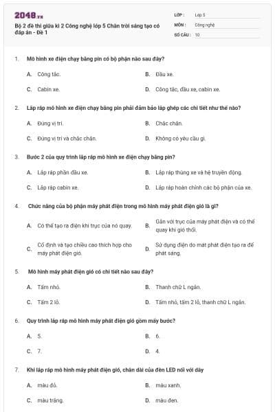 Bộ 2 đề thi giữa kì 2 Công nghệ lớp 5 Chân trời sáng tạo có đáp án - Đề 1