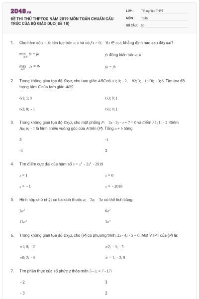 ĐỀ THI THỬ THPTQG NĂM 2019 MÔN TOÁN CHUẨN CẤU TRÚC CỦA BỘ GIÁO DỤC( Đề 18)