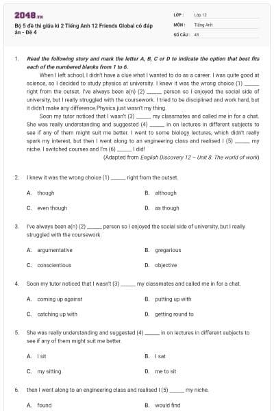 Bộ 5 đề thi giữa kì 2 Tiếng Anh 12 Friends Global có đáp án - Đề 4