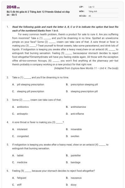 Bộ 5 đề thi giữa kì 2 Tiếng Anh 12 Friends Global có đáp án - Đề 5