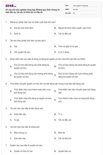 65 câu hỏi trắc nghiệm tổng hợp Những quy đinh chung về luật dân sự, tài sản và thừa kế có đáp án