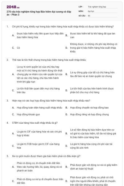 270 câu trắc nghiệm tổng hợp Bảo hiểm đại cương có đáp án - Phần 3