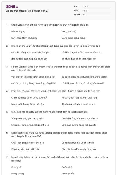 30 câu trắc nghiệm: Địa lí ngành dịch vụ