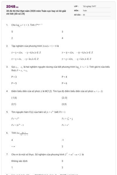 30 đề thi thử thpt năm 2020 môn Toán cực hay có lời giải chi tiết (đề số 24)