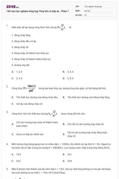 140 câu trắc nghiệm tổng hợp Thủy khí có đáp án - Phần 7