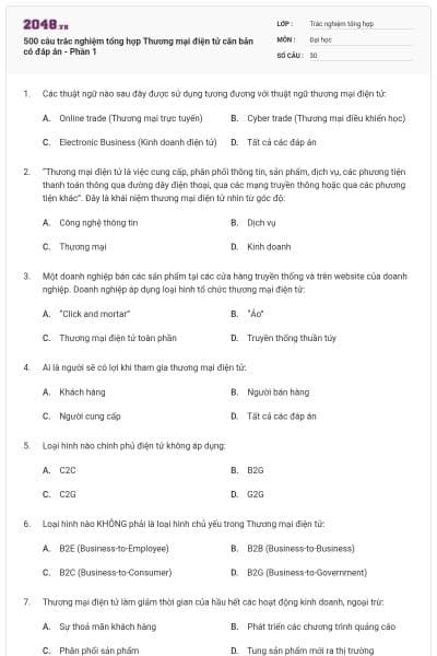 500 câu trắc nghiệm tổng hợp Thương mại điện tử căn bản có đáp án - Phần 1