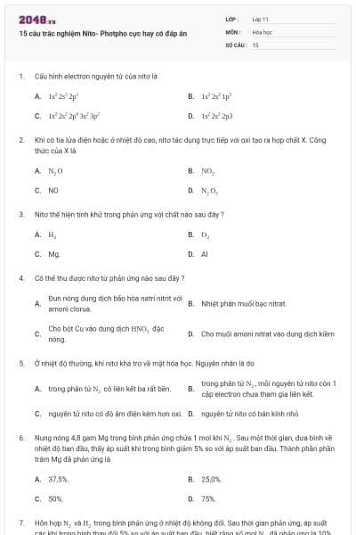 15 câu trắc nghiệm Nito- Photpho cực hay có đáp án