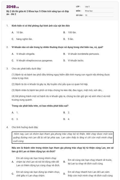 Bộ 2 đề thi giữa kì 2 Khoa học 5 Chân trời sáng tạo có đáp án - Đề 2