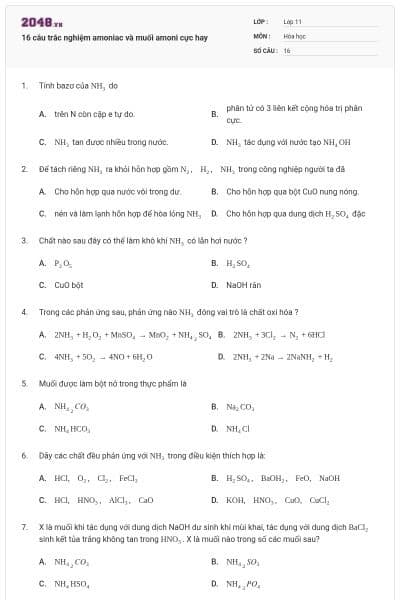 16 câu trắc nghiệm amoniac và muối amoni cực hay