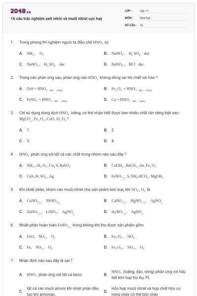 16 câu trắc nghiệm axit nitric và muối nitrat cực hay