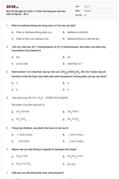 Bộ 3 đề thi giữa kì 2 Hóa 11 Chân trời sáng tạo cấu trúc mới có đáp án - Đề 3