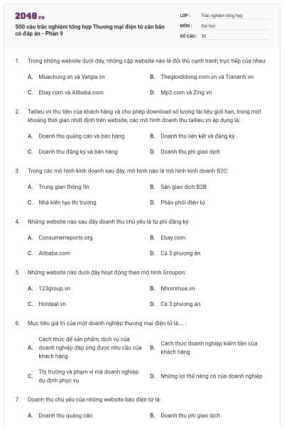 500 câu trắc nghiệm tổng hợp Thương mại điện tử căn bản có đáp án - Phần 9