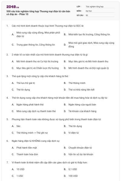 500 câu trắc nghiệm tổng hợp Thương mại điện tử căn bản có đáp án - Phần 10