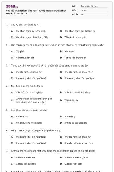 500 câu trắc nghiệm tổng hợp Thương mại điện tử căn bản có đáp án - Phần 13