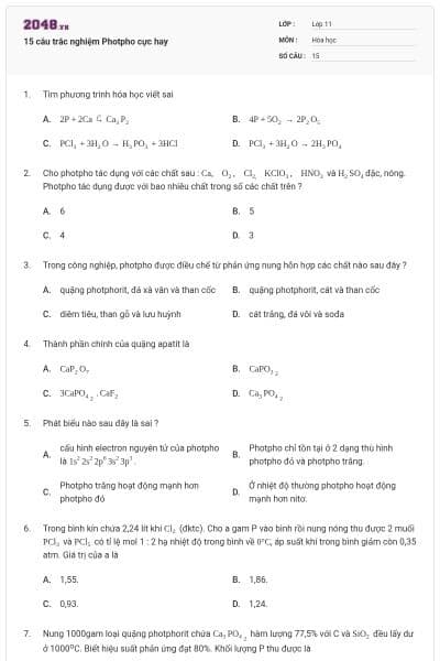 15 câu trắc nghiệm Photpho cực hay