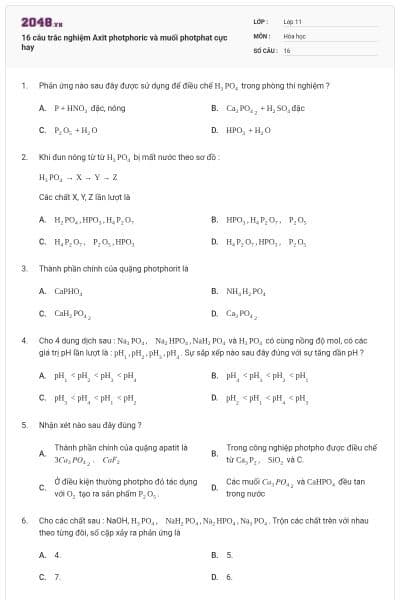 16 câu trắc nghiệm Axit photphoric và muối photphat cực hay