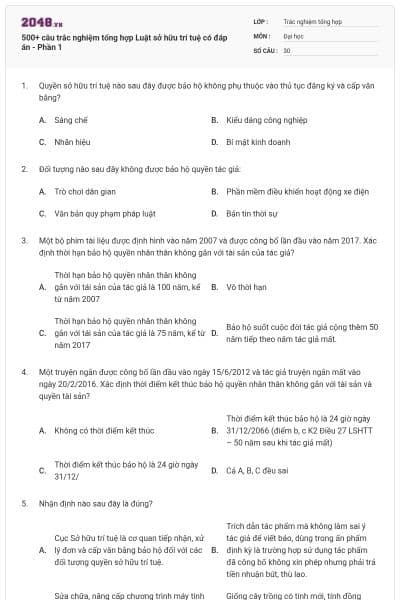 500+ câu trắc nghiệm tổng hợp Luật sở hữu trí tuệ có đáp án - Phần 1