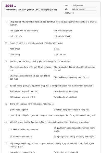 30 Đề thi thử thpt quốc gia môn GDCD có lời giải (Đề 13)