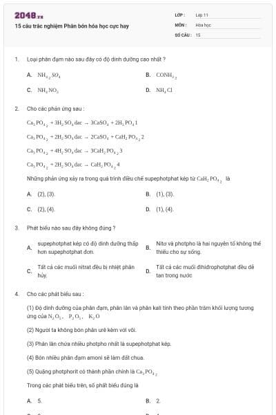 15 câu trắc nghiệm Phân bón hóa học cực hay