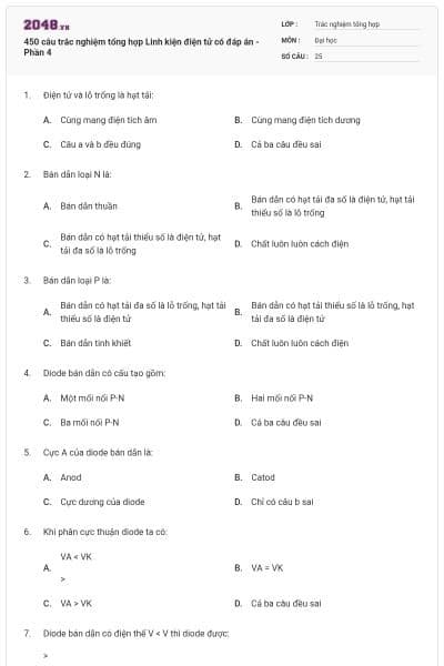 450 câu trắc nghiệm tổng hợp Linh kiện điện tử có đáp án - Phần 4