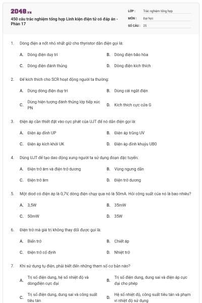450 câu trắc nghiệm tổng hợp Linh kiện điện tử có đáp án - Phần 17